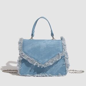 Fringed Light Blue Denim Shoulder Bag